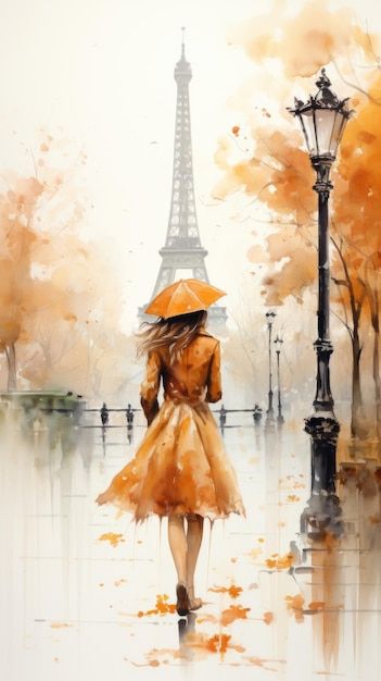 Une Peinture D'une Femme Marchant Sous L... | Premium Photo #Freepik #photo #illustration-paris #femme-aquarelle #femme-automne #peinture-paysage Watercolor Paris Paintings, Women With Umbrella Painting, Paris Impressionist Paintings, Woman With Parasol Painting, Paintings Of Paris Streets, Art Parisien, Paris Illustration, Paris Painting, Fedora Hat Women