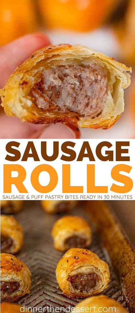 Kilted Sausage Bites, Sausage Rolls Puff Pastry, Puff Pastry Bites, Sausage Puffs, Pastry Bites, Sausage Appetizers, Sausage Rolls Recipe, British Dishes, Holiday Appetizers Recipes