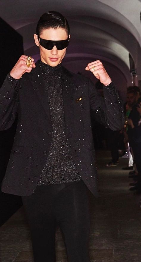 Black Met Gala Looks Men, Glam And Glits Outfit Men, Glitz And Glam Mens Outfit, Black Glam Outfit Men, Glitz And Glam Aesthetic Men, Sparkle Outfit Men, Male Nye Outfit, Black Glitter Suit Men, Men Glitz And Glam Outfit