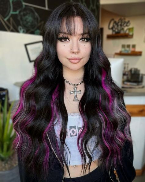 Black Hair With Pink Skunk Stripe, Black Hair W Colored Highlights, Unique Dark Hair Color Ideas Brunettes, Black Hair With Pink And Purple Streaks, Dark Hair With Color Streak, Black Hair Pop Of Color, Black Hair With A Pop Of Color, Black Hair With Pink Extensions, Hair Colors With Black