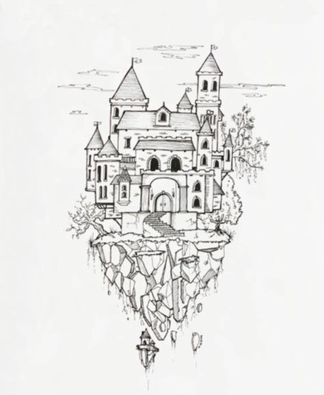 Castle In The Sky Sketch, Floating Castle Tattoo, Floating Castle Drawing, Easy Fantasy Drawings, Background Reference Drawing, Drawing Castle, Sky Village, Sky Islands, Castle Sketch