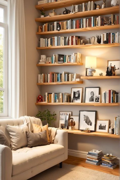 Nook Shelf Ideas, Home Library Shelving, Gaming And Reading Room, Library Lounge Room, Cozy Library Room Ideas, Lounge Library, Library Nook, Cozy Home Library, Home Library Rooms