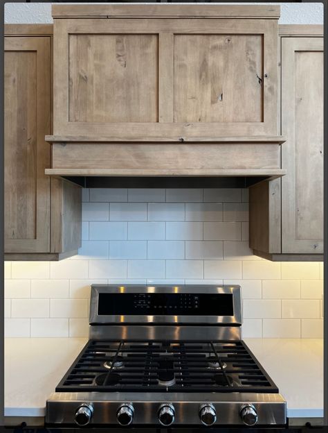 Wood Kitchen Range Hood, Oven Hood With Cabinets, Wood Wrapped Kitchen Hood, Stove Hood Decor Ideas, Cottage Range Hood Ideas, Rustic Range Hood Ideas, Range Hood Built Into Cabinet, Kitchen Cabinets That Dont Go To The Ceiling, Kitchen Hood Cabinet