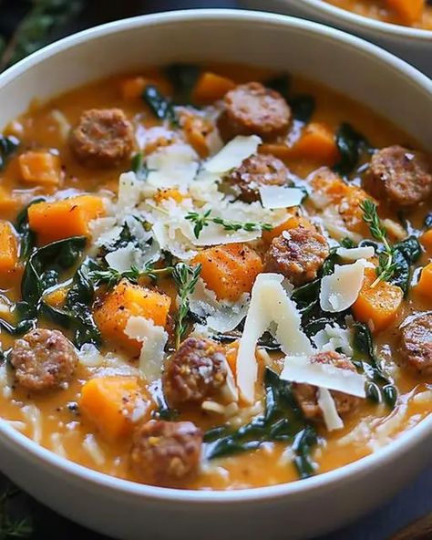 Indulge in this cozy Creamy Italian Sausage and Butternut Squash Orzo Soup, a rich and hearty dish perfect for warming up during cooler days! Sausage And Butternut Squash, Butternut Squash Orzo, Squash Orzo, Lobster Cream Sauce, Root Vegetable Gratin, Sausage Spinach Pasta, Cut Butternut Squash, Whipped Goat Cheese, Italian Sausage Soup