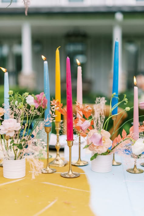 Color Candles Wedding, Colour Pop Wedding, Wildflower Wedding Theme Table Settings, Wildflower Wedding Color Schemes, Wildflower Wedding Colors, Colorful Wedding Table Settings, Wedding Cake Colorful, Pop Of Color Wedding, Colourful Picnic