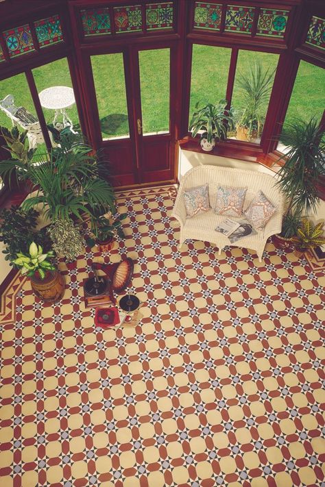 Original Style Victorian floor tile Inverlochy Pattern with Byron border. Conservatory flooring. Conservatory Flooring, Tiles Vintage, Back Extension, Victorian Floor Tiles, Vintage Tiles, Victorian Floor, Victorian Tiles, Victorian Pattern, Hansel And Gretel