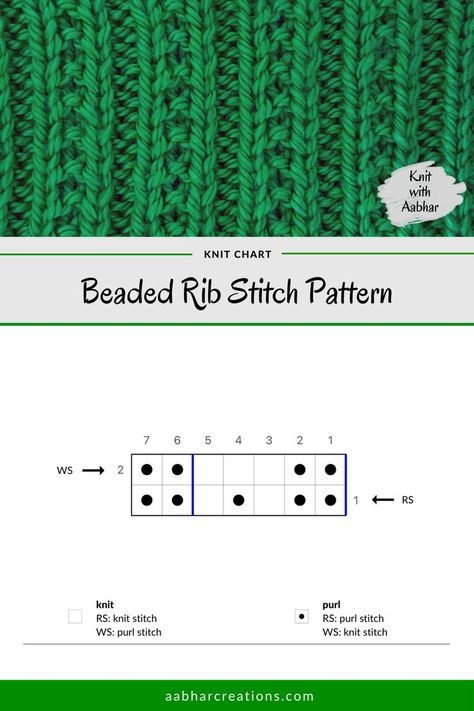 free printable knitting stitch chart from aabharcreations for beaded rib stitch knitting pattern Beaded Rib Stitch, Type Of Knitting Stitches, Knitting Rib Stitch Patterns, Seed Stitch Knitting, Knit Stitch Patterns Texture, Diy Macrame Projects, Knit Stitch Patterns Free, Twisted Rib Stitch, Types Of Knitting Stitches