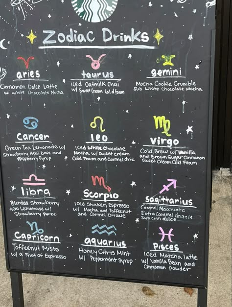 Starbucks Drinks By Your Zodiac Sign, Starbucks Astrology Drinks, Starbucks Drink Menu Board, Starbucks Recipes Zodiac Sign, Horoscope Starbucks Drinks, Zodiac Starbucks Drinks Taurus, Starbucks Starburst Drink, Starbucks Secret Menu Drinks Zodiac, Pisces Starbucks Drink