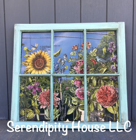 Loving this transfer make over! Old window, IOD Botanist Journal Transfer. We ship! Old Windows Painted, Iod Projects, Window Pane Art, Iod Transfers, Painted Window Art, Old Window Projects, Orchard Design, Repurposed Windows, Old Window Frame