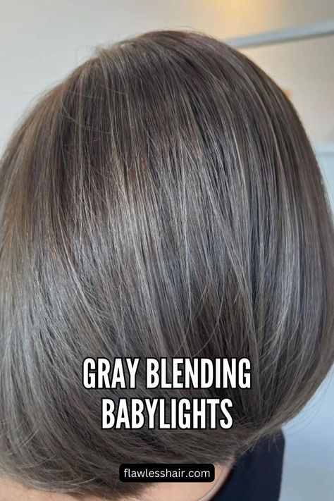 Gray Blending Babylights Gray Highlights Brown Hair, Brown Hair With Silver Highlights, Ash Gray Hair Color, Ash Grey Hair, Gray Blending, Grey Hair Journey, Hair Foils, Mushroom Hair, Short Hair Highlights