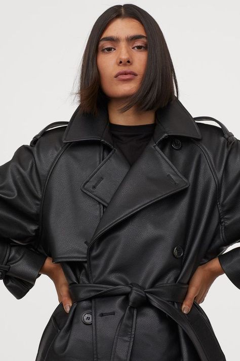 H&M Faux Leather Trenchcoat Raglan Coat, Coat Belt, Biker Leather Jacket, Leather Trench, Double Breasted Trench Coat, Trench Coat Black, Biker Leather, Leather Trench Coat, Lady Biker