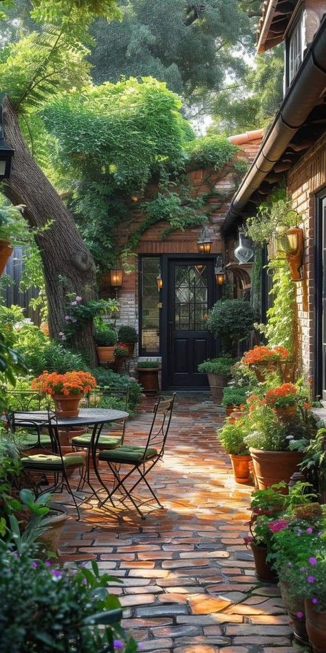 Tree Lighting Ideas, Tuscan Backyard, Outdoor Tree Lighting, Witchy House, Decorated Trees, Small Courtyard Gardens, Rainy Day Aesthetic, Small Courtyards, Small Backyard Gardens