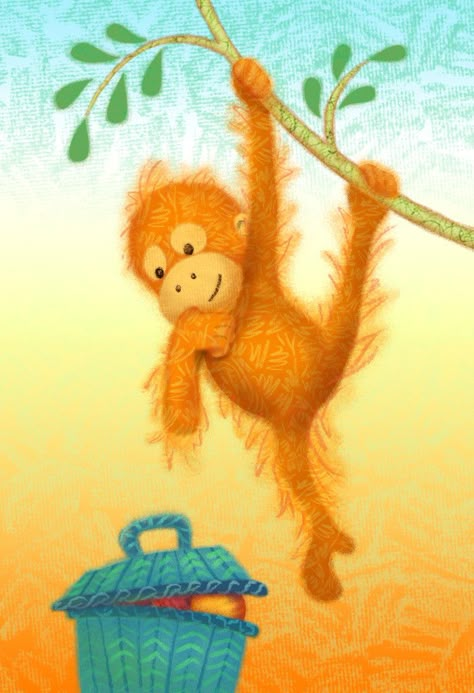 Baby Orangutan by April Hartmann Illustrator Portfolio, Monkey Illustration, Baby Orangutan, Tree Study, Monkey Art, Children's Illustration, Picture Books Illustration, Books For Kids, Kids Story Books