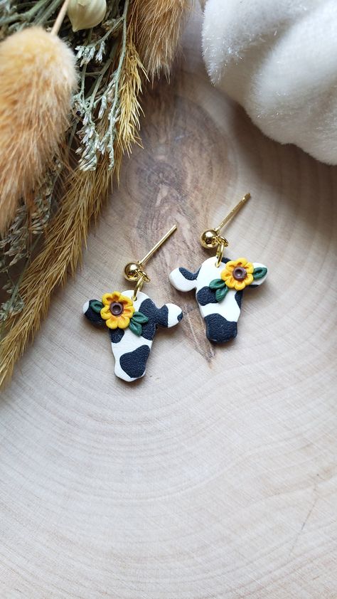 Sunflower Cow Black and White Farm Animal Clay Dangle Stud Earrings | Lightweight | Hypoallergenic Cow Black And White, Animal Clay, Silver Gold Earrings, Earrings Clay, Plastic Earrings, Small Jewelry Box, Animal Earrings, Soft Plastic, Gold Earring