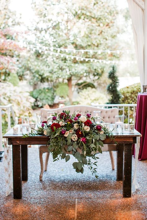 Burgundy Sweetheart Table Flowers, Burgundy Sweetheart Table, Fall Sweetheart Table Wedding, Fall Wedding Sweetheart Table, Sweetheart Table Floral Arrangement, Sweetheart Table Wedding Flowers, Sweetheart Table Arrangement, Wedding Sweetheart Table Ideas, Burgundy Wedding Reception