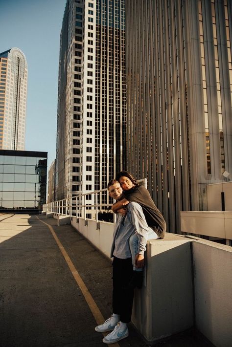 Rooftop Photoshoot Ideas Couple, Street Wear Couple Photoshoot, Engagement Photos Industrial, Downtown Photoshoot Couple, Edgy Couple Photoshoot, Couple Street Photography, Downtown Couple Photoshoot, Urban Couple Photoshoot, Casual Engagement Shoot