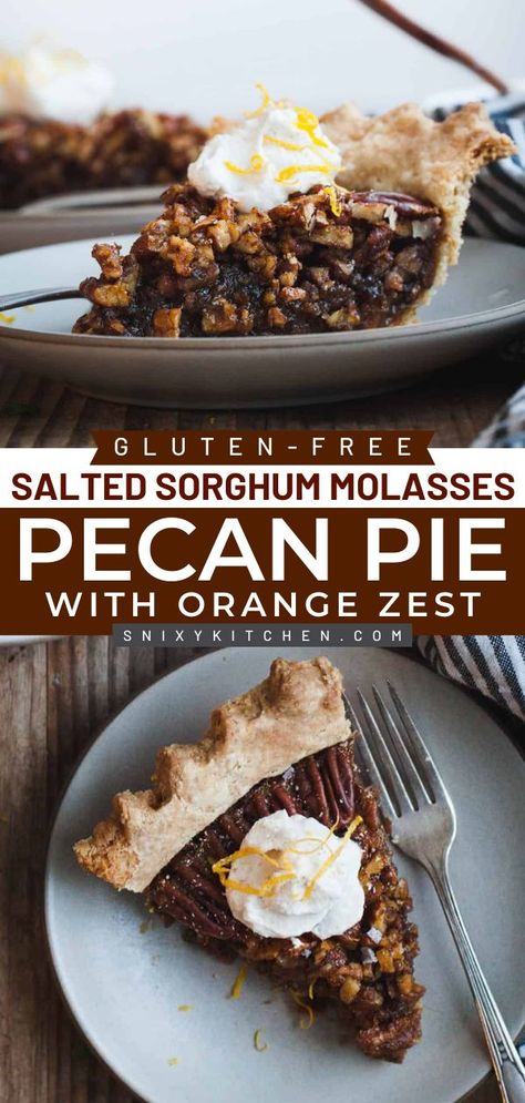 Looking for the best Thanksgiving food ideas? This Gluten-Free Salted Sorghum Molasses Pecan Pie with Orange Zest is less sweet than traditional pecan pie, and the filling is nutty and robust. Pin this Thanksgiving dessert recipe idea! Molasses Pecan Pie Recipe, Molasses Pie Recipe, Molasses Pie, Thanksgiving Food Ideas, Flaky Salt, Thanksgiving Food, Orange Zest, Pecan Pie, Molasses