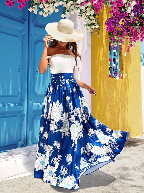 High Waist Floral Print Pleated Skirt Blue And White Skirt Outfit, Blue Skirt Outfit Ideas, Blue Floral Skirt Outfit, Blue Skirt Outfits, Floral Long Skirt, Printed Skirt Outfit, Floral Skirt Outfits, White Skirt Outfits, Floral Print Maxi Skirt