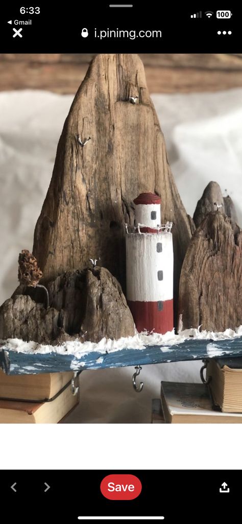 Nautical Wood Crafts, Ocean Wood Art, Things To Make With Scrap Wood, Driftwood Lighthouse, Wooden Lighthouse, Driftwood Art Sculpture, Kaktus Dan Sukulen, Driftwood Houses, Driftwood Diy