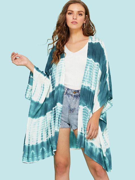 Tie Dye Print Kimono -SheIn(Sheinside) Bday Gifts For Her, Long Beach Cover Up, Tie Dye Kimono, Kimono Beach Cover Up, Women Birthday Gifts, Bday Gifts, Tie Dye Fashion, Boho Tie Dye, Beach Kimono