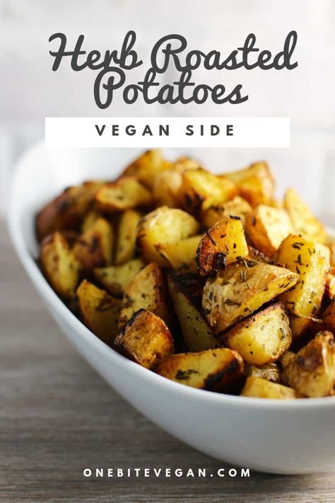 Baked in the oven with fresh rosemary and garlic, these delicious Herb Roasted Potatoes are perfectly crispy on the outside and soft and fluffy on in the inside. #vegan #potatoes #roastpotatoes #sides #veganside Garlic Butter Smashed Potatoes, Vegan Potatoes, Vegan Potato Recipes, Herb Roasted Potatoes, Vegan Roast, Vegan Side Dishes, Vegan Potato, Vegan Sides, Onion Recipes