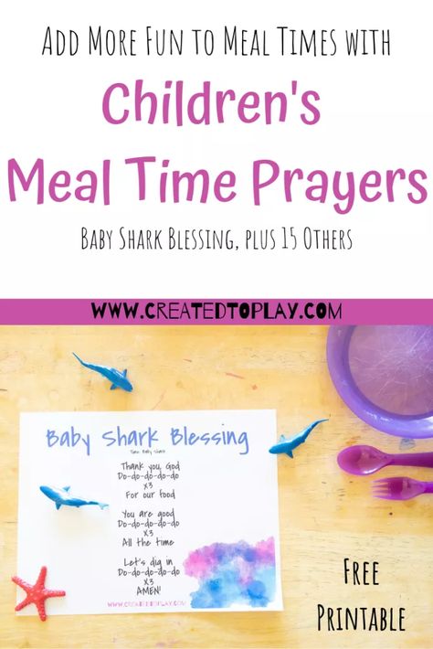 Free printable of a new children's meal time blessing to the tune of the baby shark song.  Plus 15 other classic children's meal time prayers.    #babyshark #sharkweek #babysharksong #babysharkprintables #babysharklyrics #babysharkdoodoo #babysharkfamily Preschool Prayer, Preschool Prayers, Christian Preschool Circle Time, Meal Time Prayers, Jesus Blesses The Children Craft, Lunch Prayers For Kids, Toddler Prayers, Preschool Prayers Before Meals, Lunch Prayer