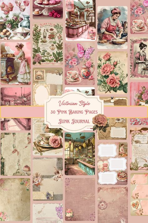 Indulge your creative spirit with our enchanting Pink Victorian Baking Digital Scrapbook Paper Kit. Immerse yourself in the charm of a bygone era, where vintage aesthetics meet the delightful world of baking and tea parties. This versatile kit is a treasure trove of artistic elements, perfect for crafting your own unique creations. Journal Pages Digital, Pink Victorian, Artistic Elements, Tea Party Theme, Vintage Aesthetics, Junk Journal Pages, Printable Vintage, Vintage Collage, Bygone Era