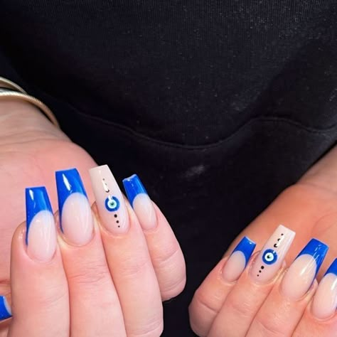 Blue Evil Eye Nails Square, Evil Eye Acrylic Nails Coffin, Dark Blue Nails Evil Eye, The Evil Eye Nails, Evil Eye Inspired Nails, Dark Blue Evil Eye Nails, Evil Eye Acrylic Nail Designs, Evil Eye Square Nails, Evil Eye Nails Simple