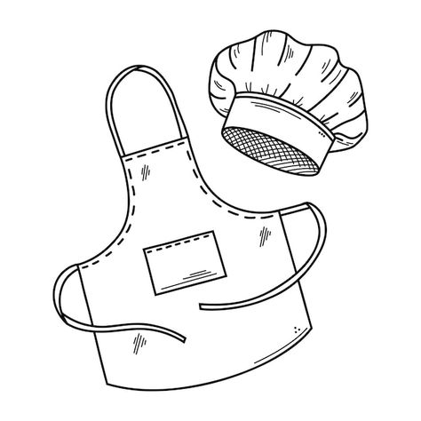 Kitchen Utensils Drawing, Apron Drawing, Cupcake Day, Doodle Vector, Kitchen Drawing, Chef Clothes, Bakery Logo, Line Art Tattoos, Chefs Hat