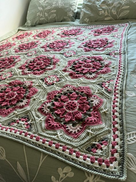 I just finished making this gorgeous afghan throw. It will be beautiful anywhere you decided to display it in your home. It is a very unique! This was made from a pattern by Janie Crow.  The cooors are sage, cream and shades of rose and pink. It measures 45" square and is pictured on a full size bed. My home is smoke free! This can be washed on the delicate cycle (no agitator) and dry flat.   I have over 45 years of experience crocheting, so you won't be disappointed with the craftsmanship. My home is smoke free. Please email me with any questions.  I will ship this by Priority Mail with delivery confirmation. You will receive an email with the tracking number when the shipping label is printed. Crochet Blanket Persian Tiles, Advanced Crochet Blanket, Intricate Crochet Blanket, Persian Crochet Blanket, Pink Things To Crochet, Crochet Persian Tiles, Crochet Rose Blanket, Crochet Blanket Patterns Unique, Crochet Bed Throw