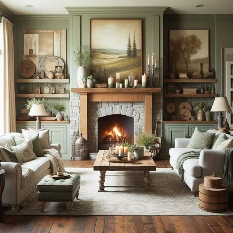 15 Cozy Rustic Sage Green Living Room Ideas Farmhouse Sage Green Living Room, Green Living Rooms With Fireplace, Interior Design Living Room Country, Sage Green Rustic Living Room, Country House Interior Living Rooms, Sage Sitting Room, Green Nature Living Room, Cottage Cozy Decor, Rustic House Interior Living Room