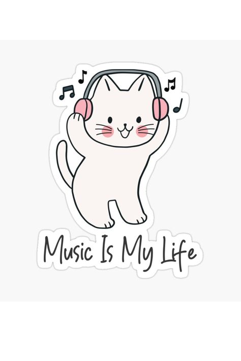 Music Is My Life Cat Sticker Funny Cat Doodles Easy, Cute Music Stickers, Cat Listening To Music Drawing, Cat With Headphones Drawing, Cute Cat Listening To Music, Music Stickers Aesthetic, Listening To Music Wallpaper, Cat Listening To Music, Music Doodles