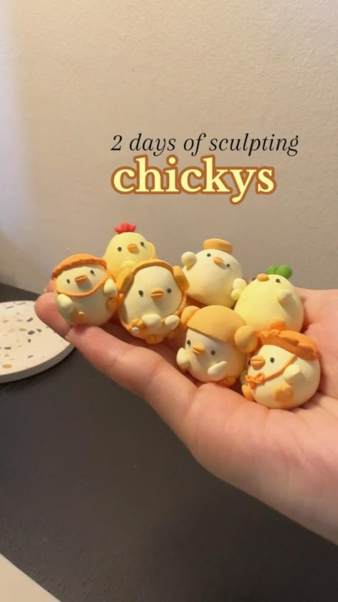 what 2 days of sculpting my new favourite chickys look like!   This weekend, I took the pressure off of recording the sculpting progress, and instead decided to focus on letting the creative juices flow to prototype some new designs.   excited to share this set of 7 chickys (actually 9, but 2 of them had their eyes fall off after baking so will need to be re-sculpted & baked 😭).   Just waiting for my other supplies to arrive so that I can glaze them and also make these designs into keychains to share with friends! Clay Set Design, People Clay Figures, Polymer Clay Glaze, Ideas To Make Out Of Clay, Clay Cute Art, Mini Clay Ideas Animals, Fun Things To Make Out Of Clay, Clay Character Ideas, Things To Sculpt With Clay