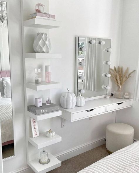 You can also have your very own boudoir with a fabulous vanity table with dazzling Hollywood mirrors and a sleek open vanity shelf at the side. Image credit: INSTAGRAM @HOMEOFMISSPLUM White Room Makeover, Rooms Aesthetic Ideas, Wall Decorations For Bedroom, Roof Room Bedroom, White Room Ideas Aesthetic, Cool Things To Have In Your Room, Guess Room Ideas, Room Decor Pink And White, Bedrooms Ideas For Small Rooms