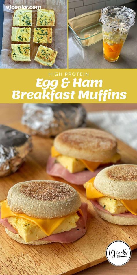 Made with eggs, cottage cheese, English muffins, ham, cheese and barbecue sauce, these Breakfast Muffins are perfect for a high protein grab-and-go brekkie. I love getting ahead with meal prep, so I make these on a Sunday evening, wrap them in tinfoil and pop them in the fridge ready to go for the morning. #VJcooks #breakfast #muffins #highprotein #mealprep #breakfastprep Egg Breakfast Meal Prep, English Muffin Protein Breakfast, Egg Muffins Breakfast With Cottage Cheese, Toddler Picky Eaters Meals, Easy Lunchbox Snacks, Lunchbox Fillers, Protein Egg Muffins With Cottage Cheese, Meal Prep Egg Sandwich English Muffins, Eggs Cottage Cheese