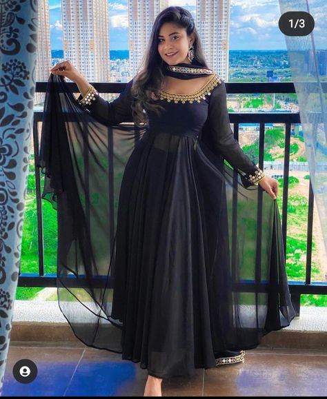 Black Colour Anarkali Dress, Black Anarkali Designs, Anarkali Dress Pattern Black, Long Chudidar Designs, Kali Wala Gown Design, Black Georgette Anarkali Suits, Black Churidar Designs Party Wear, Black Outfits Indian, Black Anarkali Suits Designer