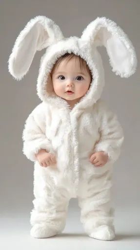 ↑↑↑ Larger size on website 🔸 A baby is wearing a fluffy white bunny costume.  The baby is looking directly at the camera with big White Bunny Costume, Baby Bunny Costume, Baby Bunny Outfit, Floppy Eared Bunny, Sweet Expression, Big Brown Eyes, Bunny Slippers, Costume Making, Bunny Costume