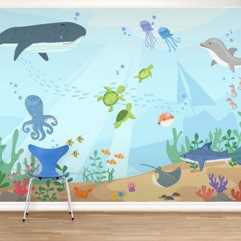 Under The Sea Wall Mural, Mural For Kids Room, Sea Wall Mural, Diy Murals, Childrens Wall Murals, Sea Murals, Kids Bedroom Wall Decor, Under The Sea Nursery, Ocean Mural