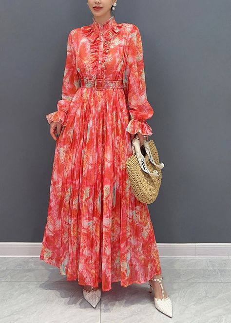 Long Dress Long Sleeve, Chiffon Dress Long Sleeve, Red Chiffon Dress, Chiffon Long Dress, Print Chiffon Dress, Chiffon Dress Long, Red Chiffon, Chiffon Material, Comfortable Room