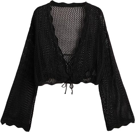 Witchy Crochet Cardigan, Cardigan Granny Square Pattern, Witchy Cardigan, Crochet Tie Front Top, Tie Front Top Pattern, Cardigan Granny Square, Black Crochet Sweater, Crochet Sweater Vest, Long Sleeve Crochet