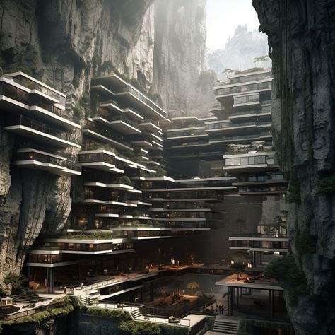 Futuristic Mountain House, Futuristic Mountain City, Distopian Architecture Art, Cyberpunk House, Neo Futurism, Layered Architecture, Sci Fi Architecture, Conceptual Sketches, Unique House Design