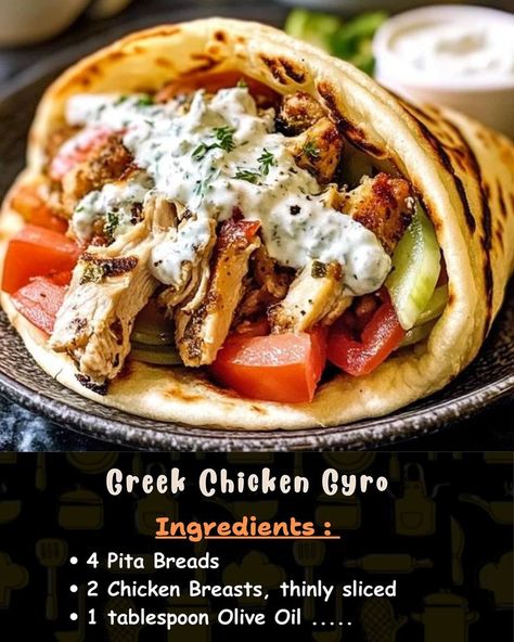 Ingredients: 4 Pita Breads 2 Chicken Breasts, thinly sliced 1 tablespoon Olive Oil... Chicken In Pita Bread, Grilled Chicken Pita Pockets, Greek Chicken Pita Pockets, Greek Chicken Gyro Recipe, Greek Chicken Gyros With Tzatziki Sauce, Gyro Chicken Recipe, Gyros Recipe Chicken, Easy Chicken Gyros With Tzatziki Sauce, Mediterranean Chicken Pita