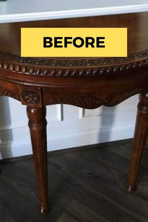 Next time you're at the flea market or thrift store and you see a demilune table you'll want to grab it for this upcycling idea. Check out the before and after photos of this farmhouse style painted idea. This kind of table is perfect for your entryway, foyer and even bedroom decor. #diy #table #makeover | sponsored Diy Table Makeover, Vintage Office Desk, Accent Wall Entryway, Farmhouse Makeover, Demilune Table, Closet Door Makeover, Diy Console Table, Modern Coasters, Table Farmhouse