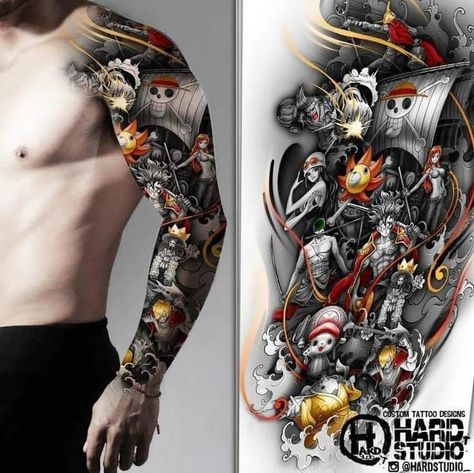 One Piece Full Sleeve Tattoo, One Piece Tattoo Sleeve, One Piece Sleeve Tattoo, One Piece Tattoo Ideas Design, Sleeve Japanese Tattoo, One Piece Tattoo Design, Anime Sleeve Tattoo, Full Sleeve Tattoos For Guys, One Piece Tattoo Ideas