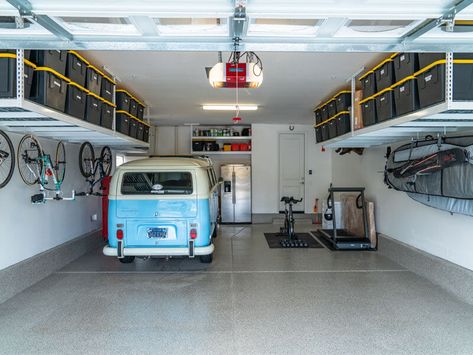 Custom Garage Storage Solutions | Gallery - San Diego & Riverside Diy Overhead Garage Storage, Shed Organizing, Racks And Shelves, Garage Storage Plans, Garage Ceiling Storage, Garage Laundry Room, Garage Storage Inspiration, Roof Storage, Carpentry Services