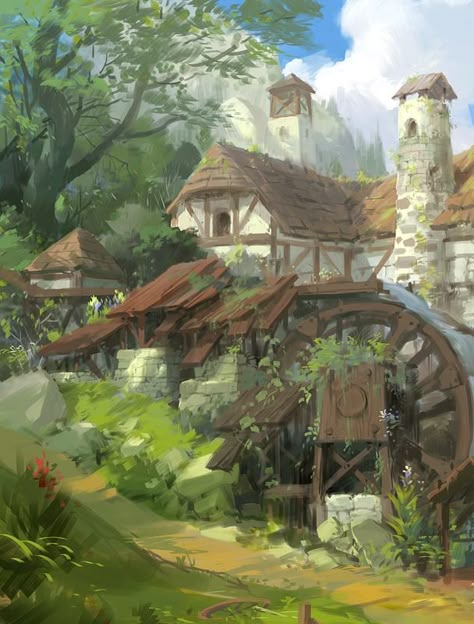 Artist? River Village Concept Art, Fantasy Rural Village, Countryside Concept Art, Fantasy Town Art, Prairie Art, Fantasy Village, Village Art, Fantasy Town, Heroic Fantasy