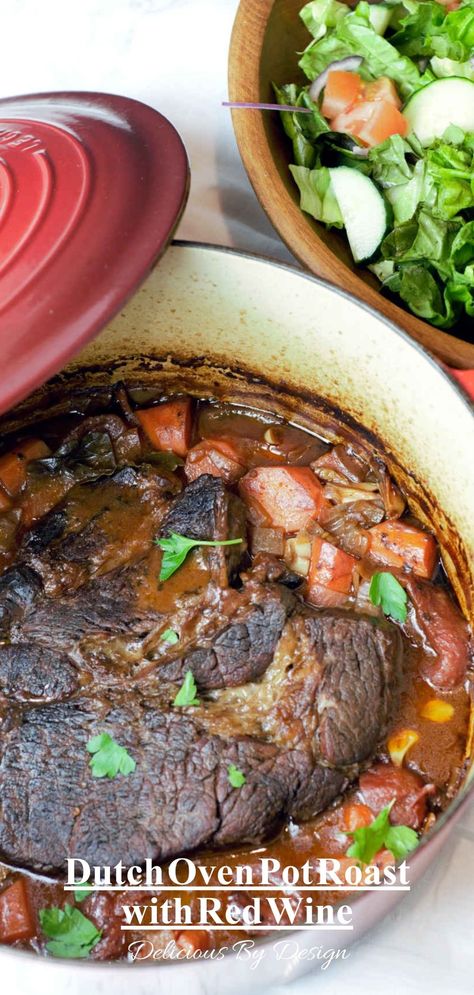 This fall apart braised pot roast comes together in one Dutch oven. The tender pieces of beef are cooked with onions, garlic, and big chunks of carrots in a silky red wine reduction. Every bite is a bit of comfort that you can only get with old fashioned home cooking. Braised Beef Dutch Oven, Dutch Oven Roast Beef, Dutch Oven Beef Stew Recipes, Roast In Dutch Oven, Braised Pot Roast, Old Fashioned Home, Beef Shoulder Roast, Dutch Oven Beef Stew, Oven Roast Beef