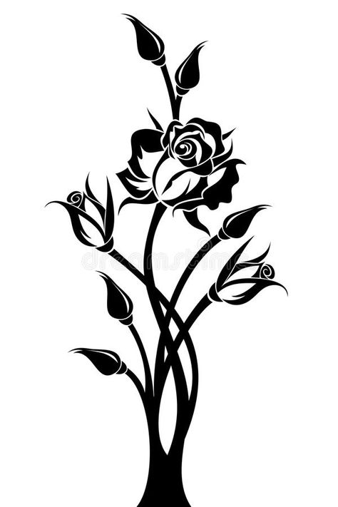 Black silhouette of branch with rose and buds. vector illustration Rose Vector Illustration, Flower Vector Art, Lisianthus Flowers, Rose Vector, Rose Stencil, Mirror Pattern, Flower Vector, Rose Vines, Space Tattoo