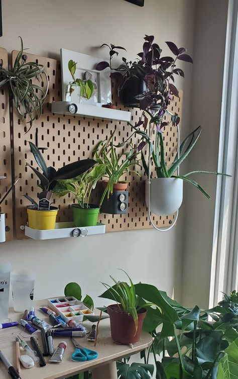 SKÅDIS system can be used as a space-saving plant board or propagation station! : ikeahacks Skådis Ikea, Skadis Pegboard, Ikea Pegboard, Ikea Skadis, Outside Room, Propagation Station, Flat Decor, House Plants Decor, Home Office Space