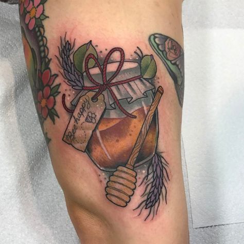 Pot Tattoo Ideas, Honey Tattoo Ideas, Honey Pot Tattoo, Pot Tattoo, Inner Thigh Tattoos, Honey Tattoo, Honey Bee Tattoo, Saved Tattoo, Witch Tattoo